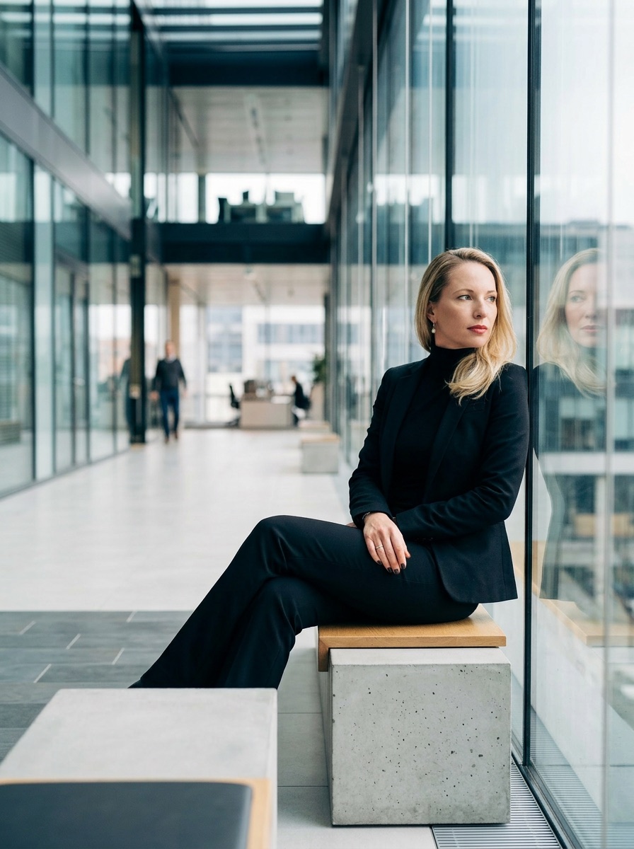 Alicia Jording in nachdenklicher Pose in moderner Büroarchitektur